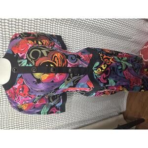 Vintage Colorful Abstract Pattern Midi Dress with Decorative Buttons